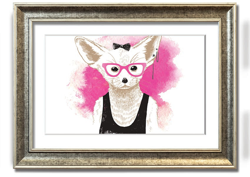 Framed print of an arctic fox wearing pink glasses, showcasing a whimsical design.