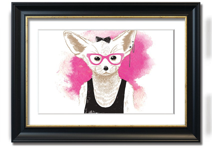 Framed print of an arctic fox wearing pink glasses, showcasing a whimsical design.