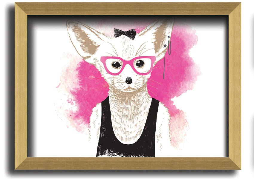 Framed print of an arctic fox wearing pink glasses, showcasing a whimsical design.