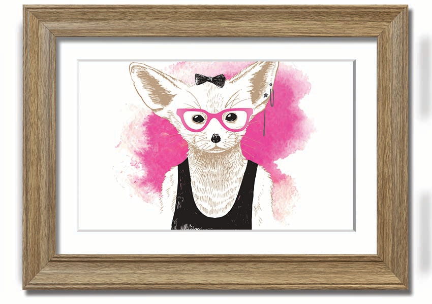 Framed print of an arctic fox wearing pink glasses, showcasing a whimsical design.