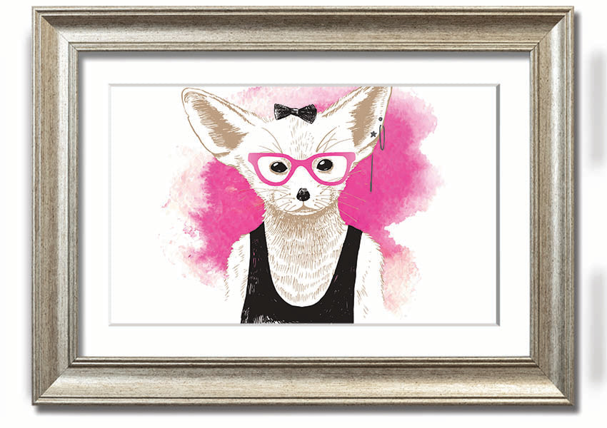 Framed print of an arctic fox wearing pink glasses, showcasing a whimsical design.