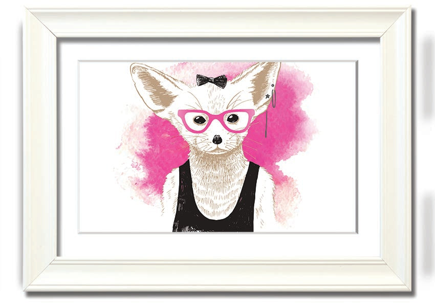 Framed print of an arctic fox wearing pink glasses, showcasing a whimsical design.