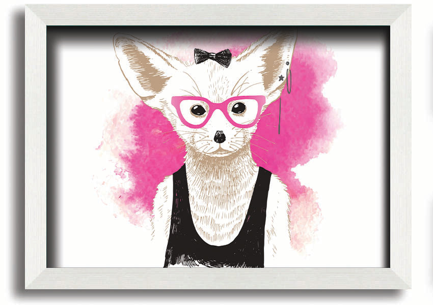 Framed print of an arctic fox wearing pink glasses, showcasing a whimsical design.