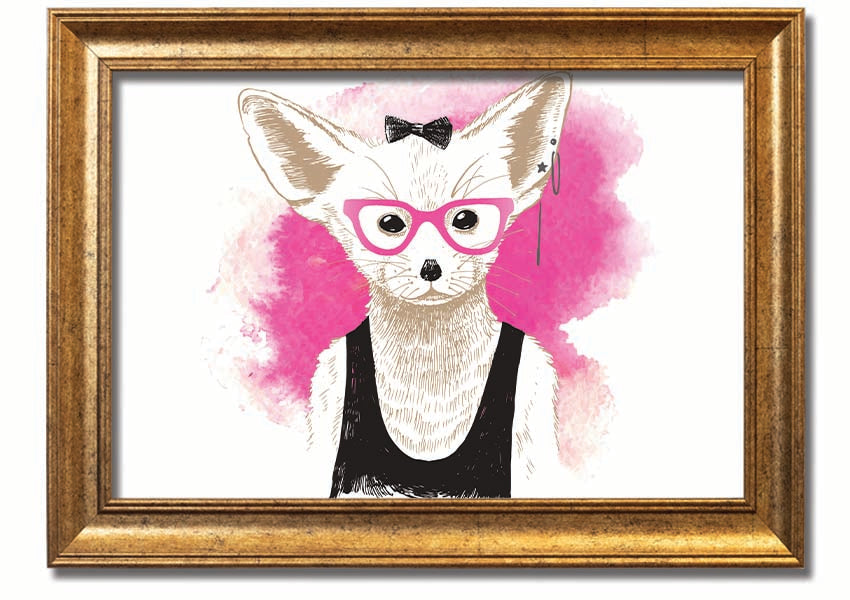 Framed print of an arctic fox wearing pink glasses, showcasing a whimsical design.