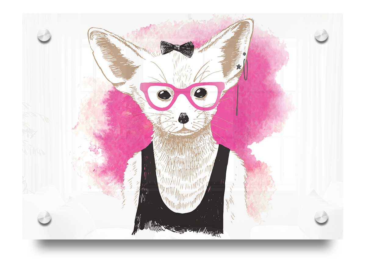 Arctic Fox Bow Pink Glasses acrylic print with vibrant pink bow design, mounted on a wall.