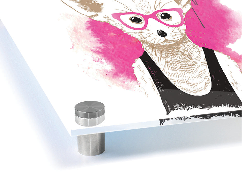 Arctic Fox Bow Pink Glasses acrylic print with vibrant pink bow design, mounted on a wall.