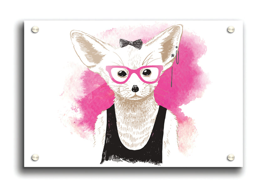 Arctic Fox Bow Pink Glasses acrylic print with vibrant pink bow design, mounted on a wall.