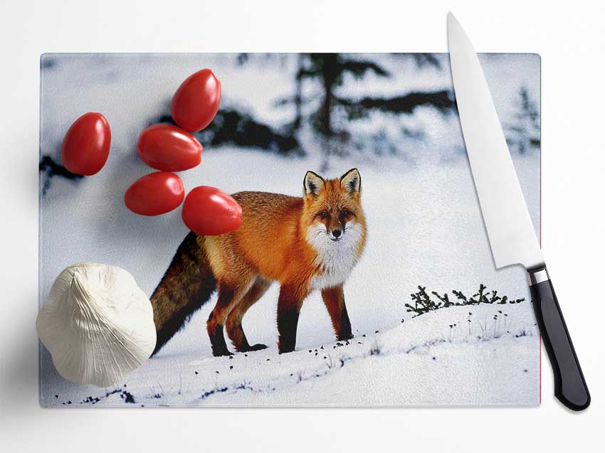 A beautifully designed chopping board featuring an Arctic Fox in a snowy landscape, made from durable tempered glass with a chinchilla ripple effect.