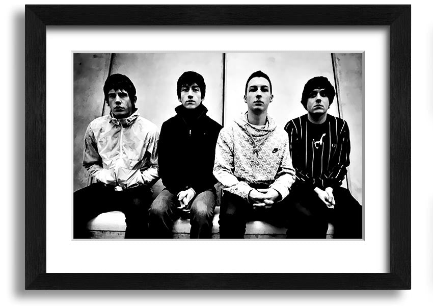 A beautifully framed print of the Arctic Monkeys, showcasing vibrant colors and quality craftsmanship, ready to hang on your wall.