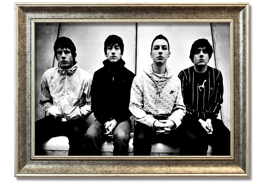 A beautifully framed print of the Arctic Monkeys, showcasing vibrant colors and quality craftsmanship, ready to hang on your wall.