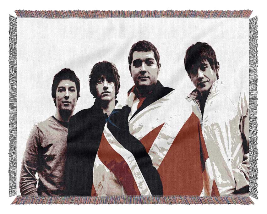 Arctic Monkeys British Flag throw blanket in black and white, showcasing a stylish design made from 100% cotton.