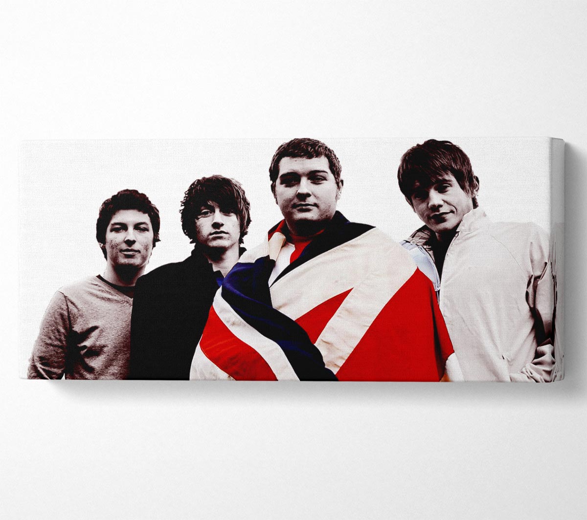 Arctic Monkeys British Flag canvas art in black and white, mounted on a sturdy 44mm box frame, ready to hang.