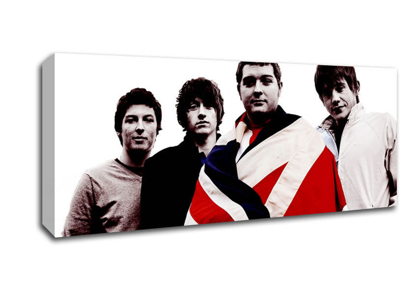 Arctic Monkeys British Flag canvas art in black and white, mounted on a sturdy 44mm box frame, ready to hang.