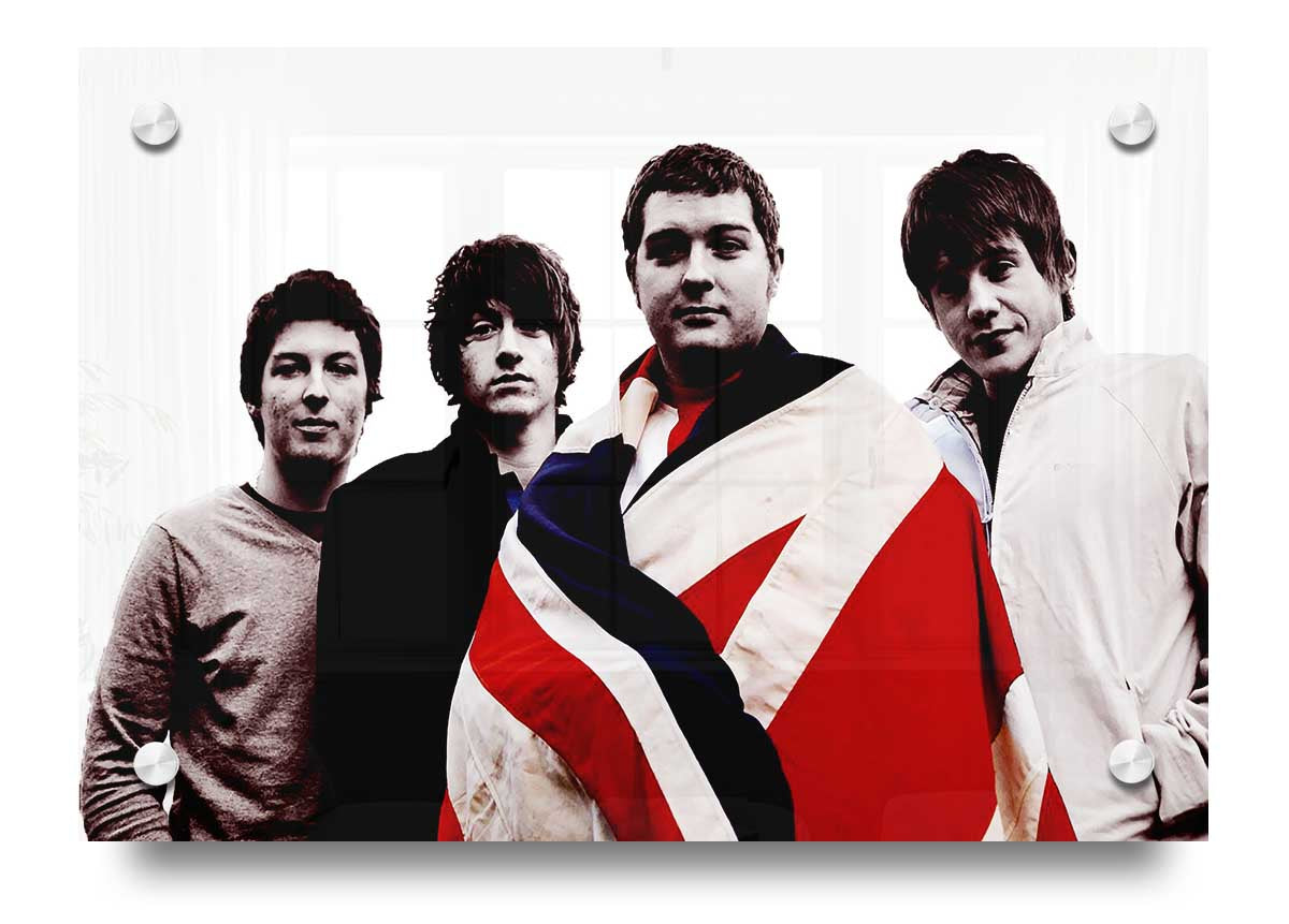 Arctic Monkeys British Flag B~w acrylic print on a wall, showcasing vibrant colors and modern design.