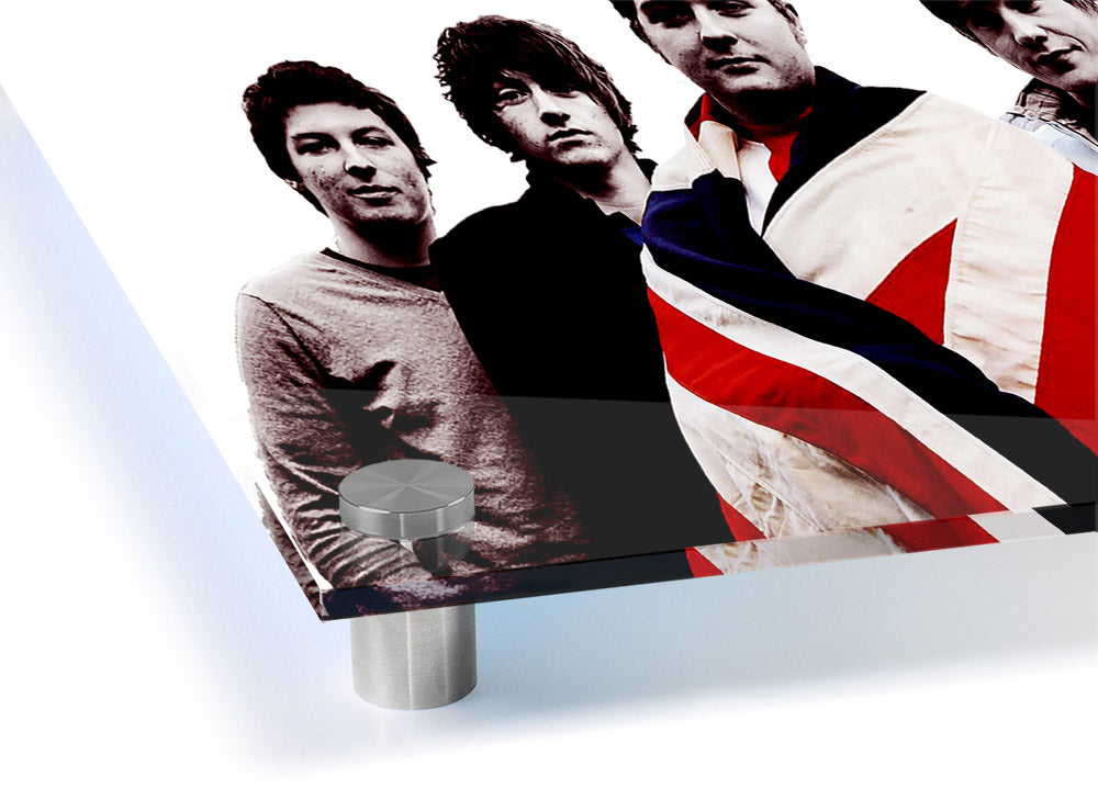 Arctic Monkeys British Flag B~w acrylic print on a wall, showcasing vibrant colors and modern design.