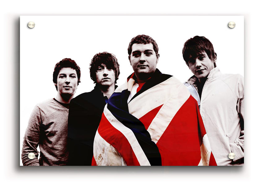 Arctic Monkeys British Flag B~w acrylic print on a wall, showcasing vibrant colors and modern design.