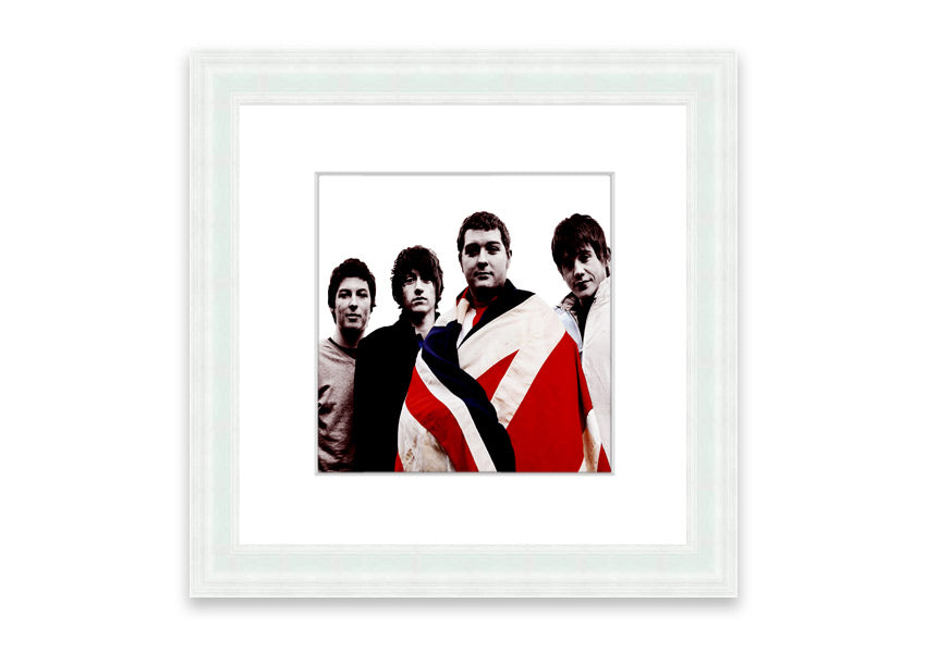 Framed print of Arctic Monkeys British Flag design, showcasing vibrant colors and unique style, ready to hang.