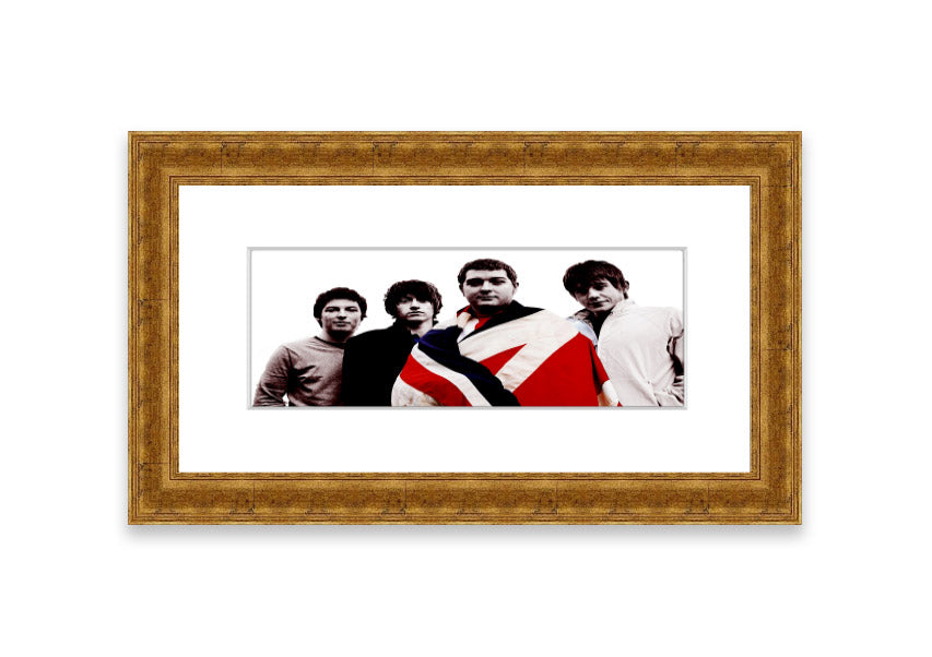 Framed print of Arctic Monkeys British Flag design, showcasing vibrant colors and unique style, ready to hang.