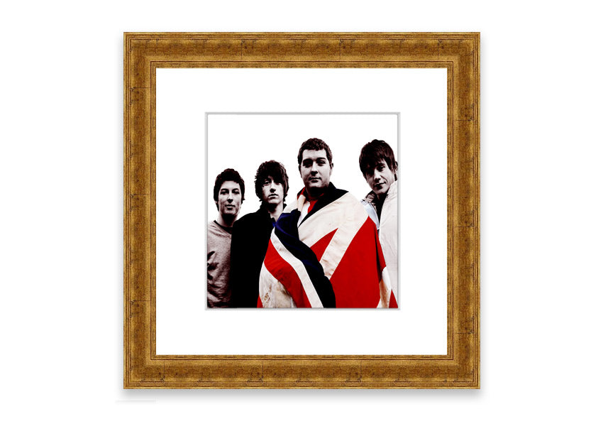 Framed print of Arctic Monkeys British Flag design, showcasing vibrant colors and unique style, ready to hang.