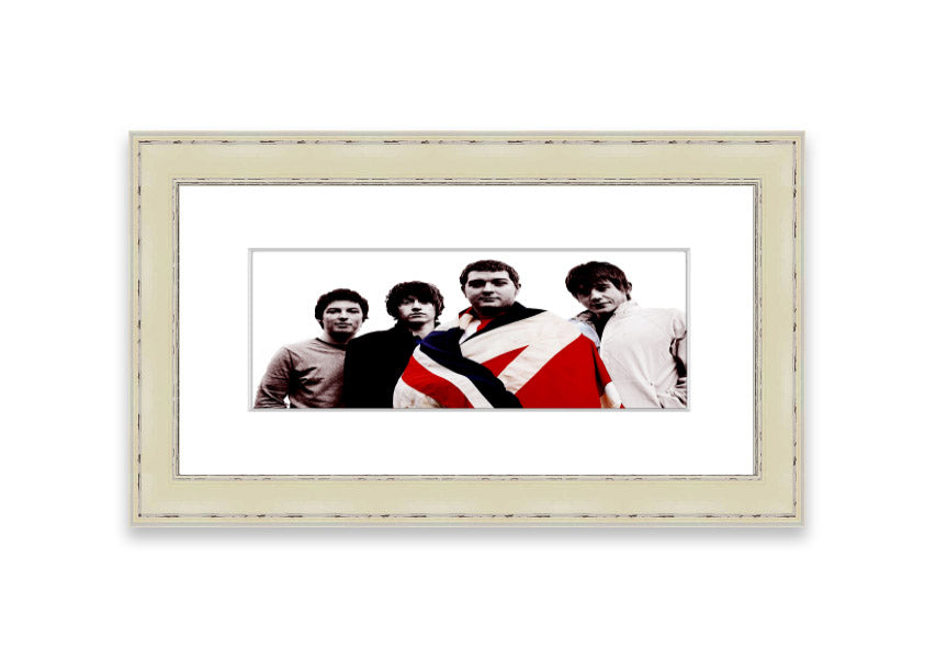 Framed print of Arctic Monkeys British Flag design, showcasing vibrant colors and unique style, ready to hang.