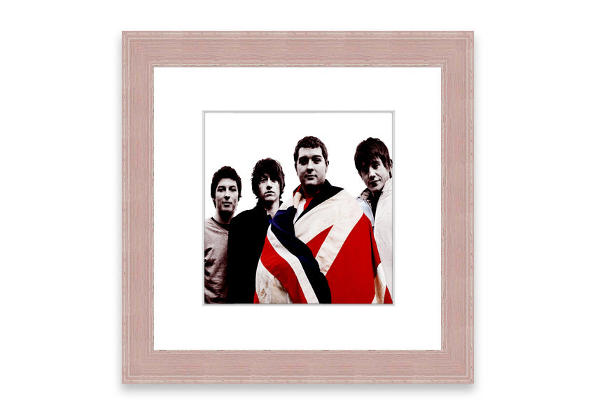 Framed print of Arctic Monkeys British Flag design, showcasing vibrant colors and unique style, ready to hang.