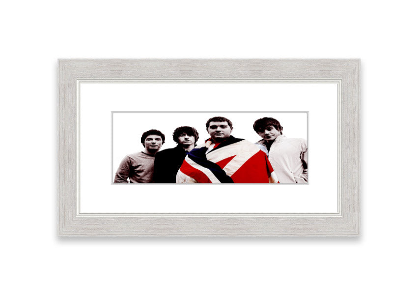 Framed print of Arctic Monkeys British Flag design, showcasing vibrant colors and unique style, ready to hang.