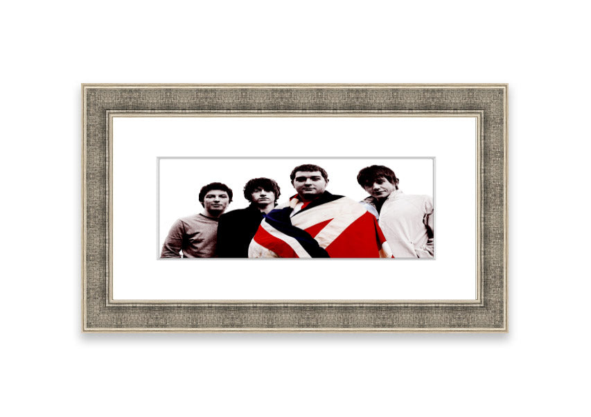 Framed print of Arctic Monkeys British Flag design, showcasing vibrant colors and unique style, ready to hang.