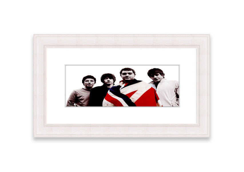 Framed print of Arctic Monkeys British Flag design, showcasing vibrant colors and unique style, ready to hang.