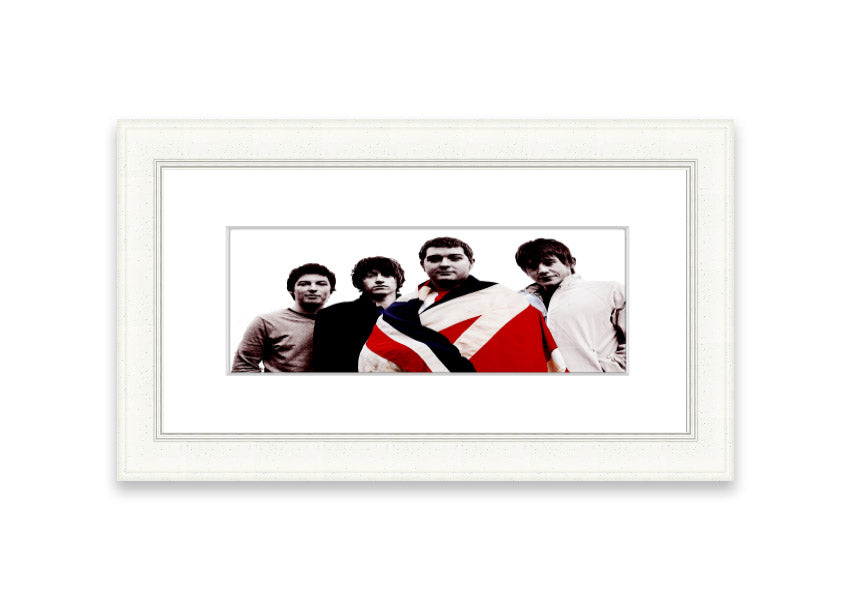 Framed print of Arctic Monkeys British Flag design, showcasing vibrant colors and unique style, ready to hang.