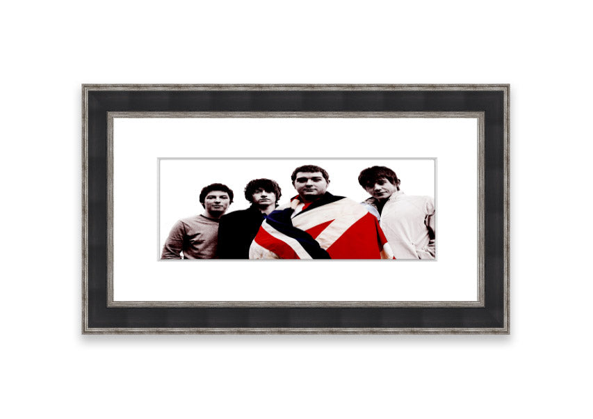 Framed print of Arctic Monkeys British Flag design, showcasing vibrant colors and unique style, ready to hang.