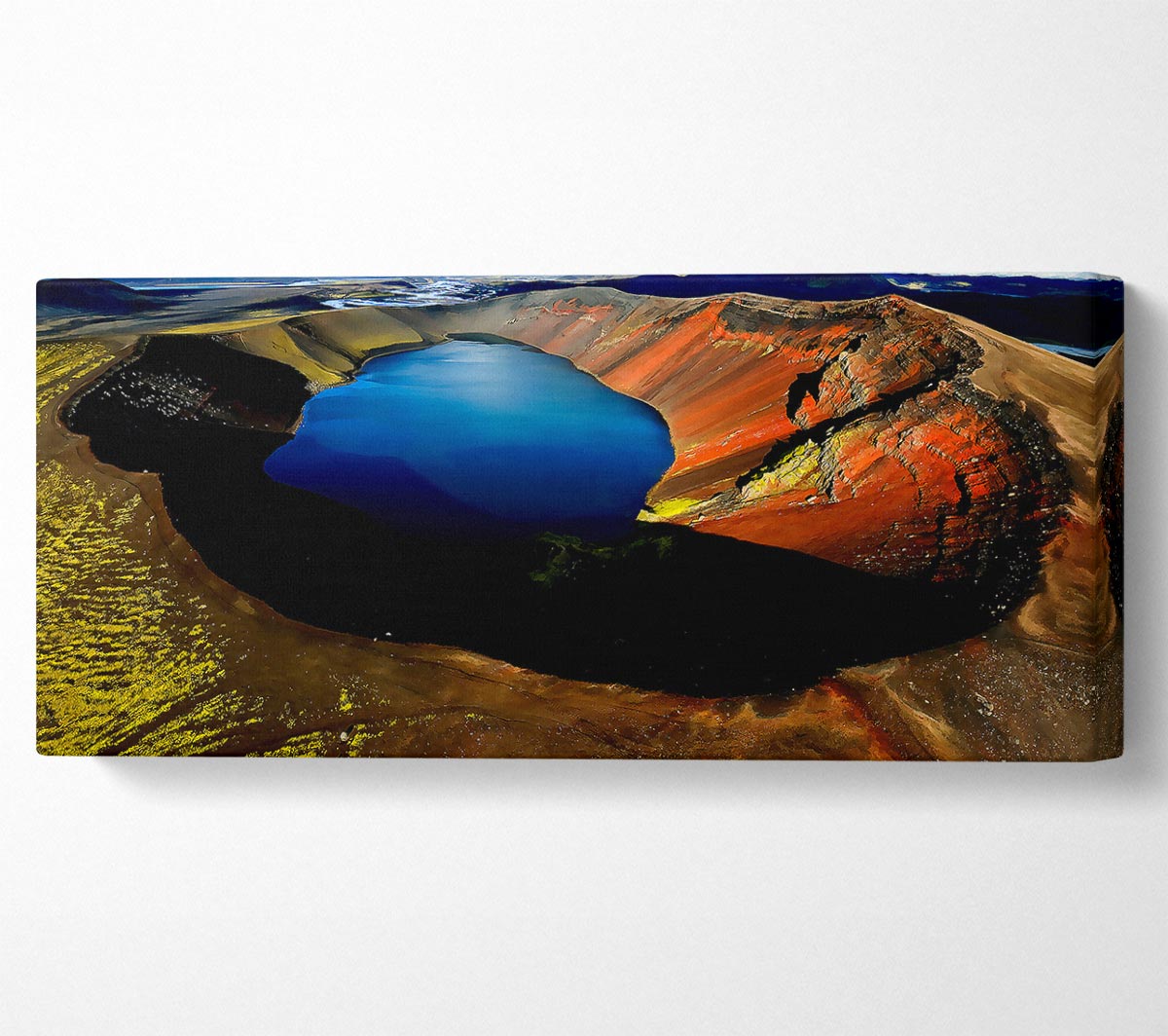 A vibrant Arctic Volcanic canvas art piece mounted on a sturdy box frame, showcasing stunning colors and details.