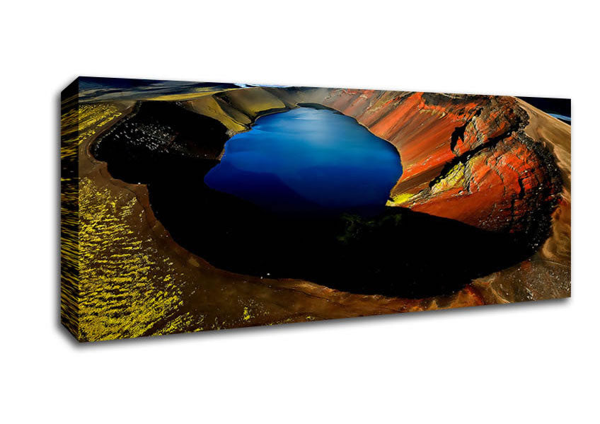 A vibrant Arctic Volcanic canvas art piece mounted on a sturdy box frame, showcasing stunning colors and details.