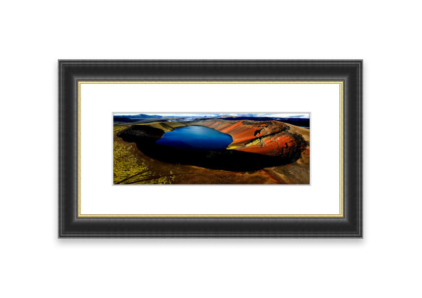 Framed print of Arctic Volcanic Lake, showcasing vibrant colors and intricate details, available in various frame colors.