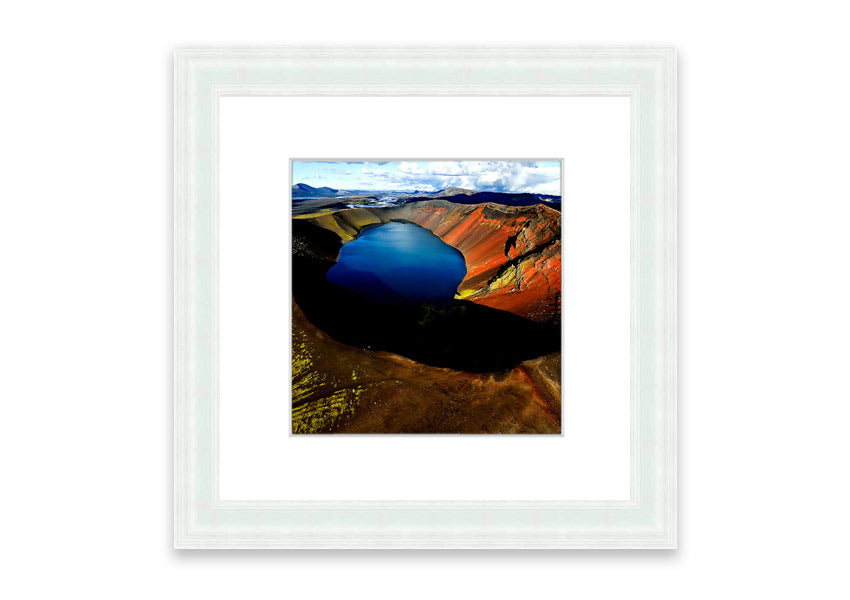 Framed print of Arctic Volcanic Lake, showcasing vibrant colors and intricate details, available in various frame colors.