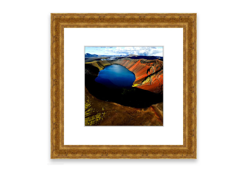 Framed print of Arctic Volcanic Lake, showcasing vibrant colors and intricate details, available in various frame colors.