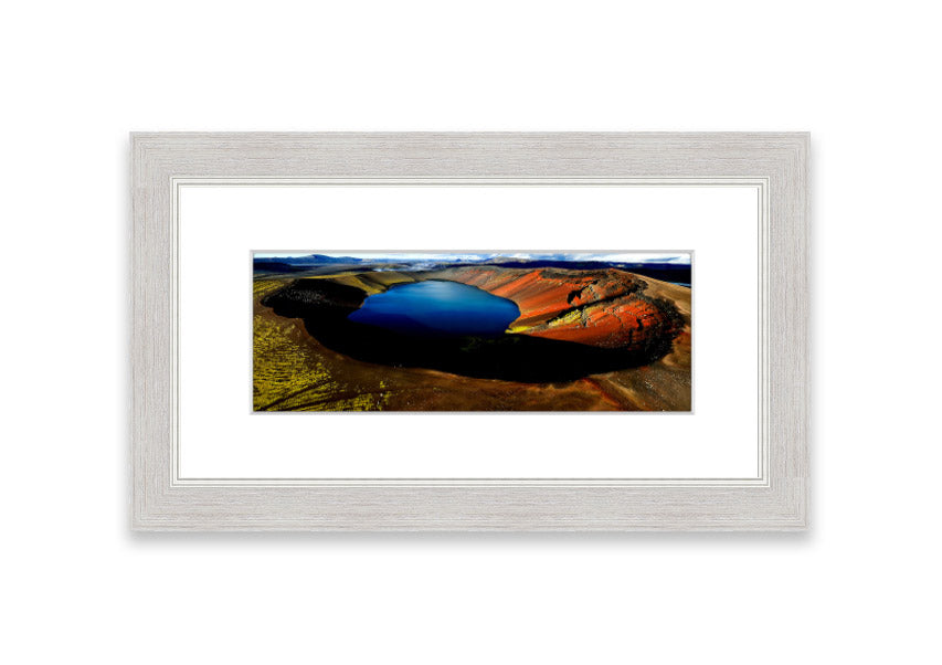 Framed print of Arctic Volcanic Lake, showcasing vibrant colors and intricate details, available in various frame colors.