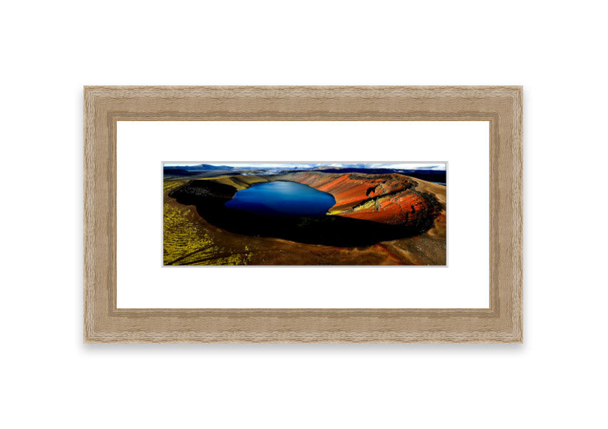 Framed print of Arctic Volcanic Lake, showcasing vibrant colors and intricate details, available in various frame colors.