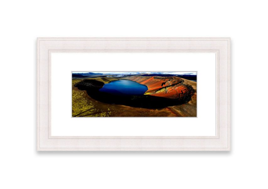 Framed print of Arctic Volcanic Lake, showcasing vibrant colors and intricate details, available in various frame colors.