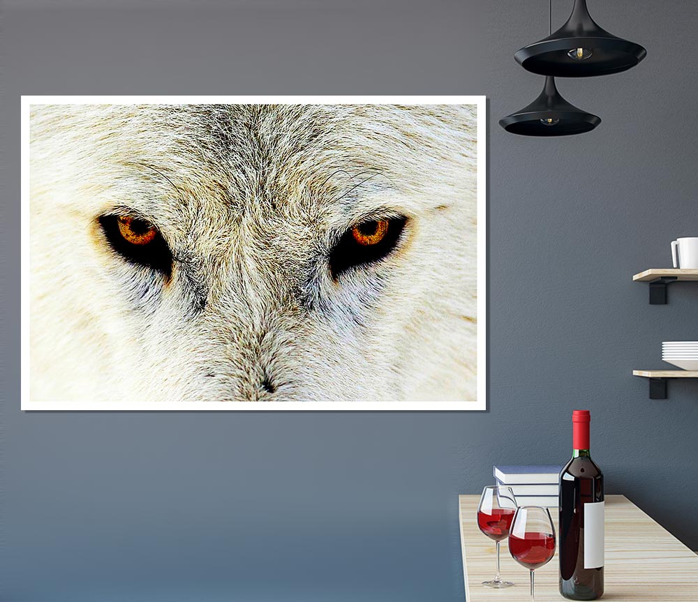 A high-quality canvas poster featuring the intense eyes of an Arctic wolf, showcasing its striking beauty and detail.