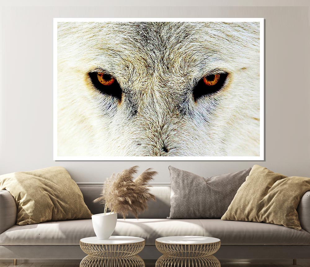 A high-quality canvas poster featuring the intense eyes of an Arctic wolf, showcasing its striking beauty and detail.