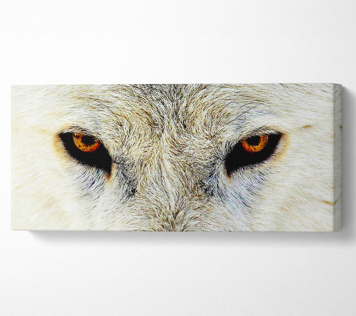 A beautifully printed canvas of Arctic wolf eyes, showcasing intricate details and vibrant colors, mounted on a sturdy box frame.