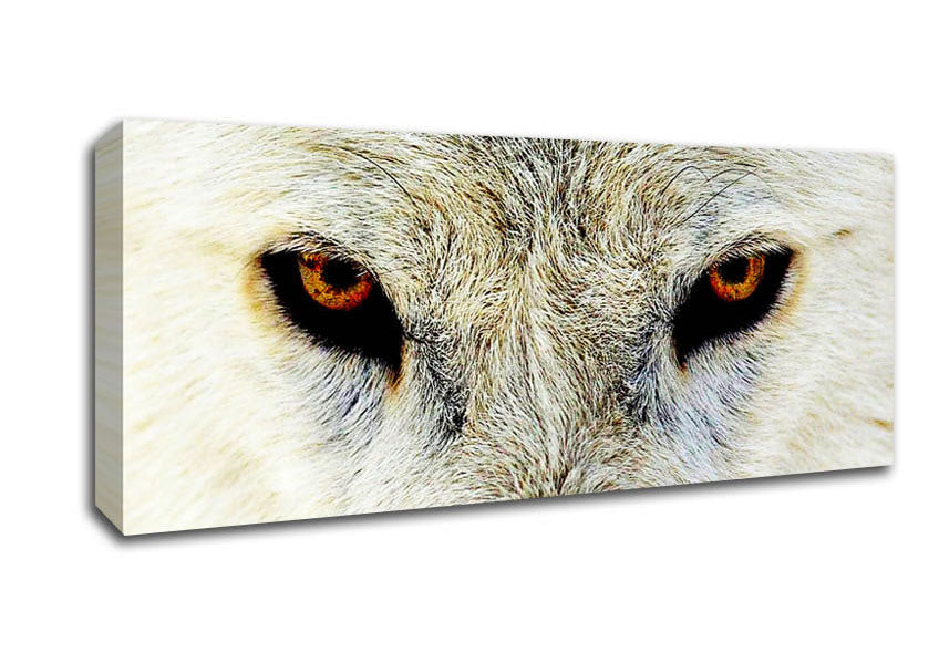 A beautifully printed canvas of Arctic wolf eyes, showcasing intricate details and vibrant colors, mounted on a sturdy box frame.