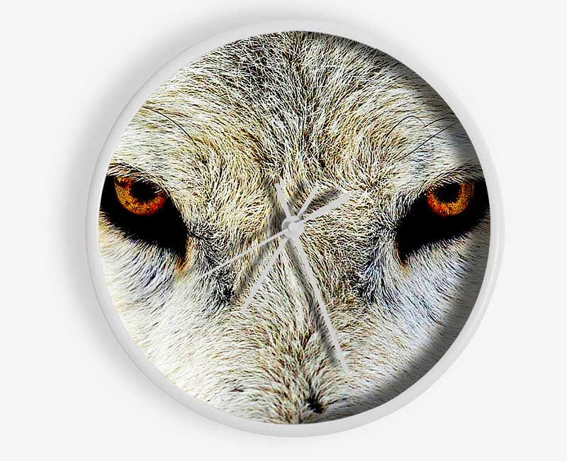 Arctic Wolf Eyes clock made from natural bamboo with a round face and clear Plexiglas lens, available in black, white, and natural frame colors.