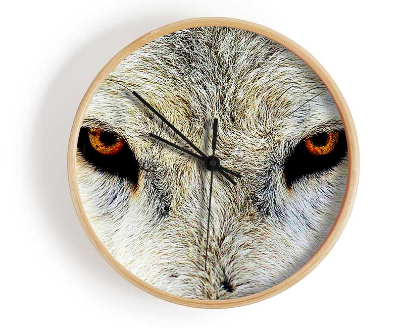 Arctic Wolf Eyes clock made from natural bamboo with a round face and clear Plexiglas lens, available in black, white, and natural frame colors.