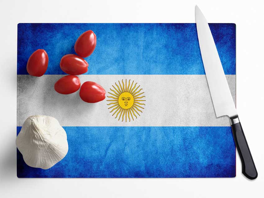 Vibrant Argentina Flag waving in the wind, showcasing its blue and white colors with the Sun of May emblem.