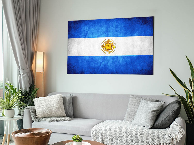 Vibrant Argentina flag printed on brushed aluminium dibond, showcasing modern art style.