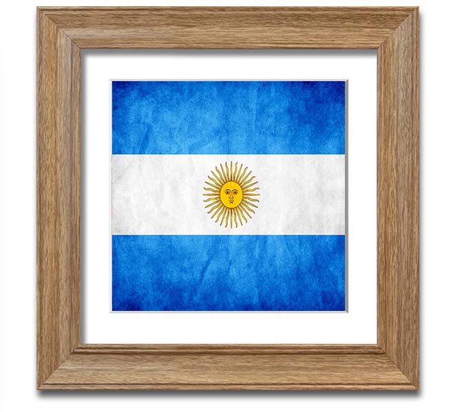 Square framed print of the Argentina flag, featuring blue and white colors with a sun emblem, ready to hang.