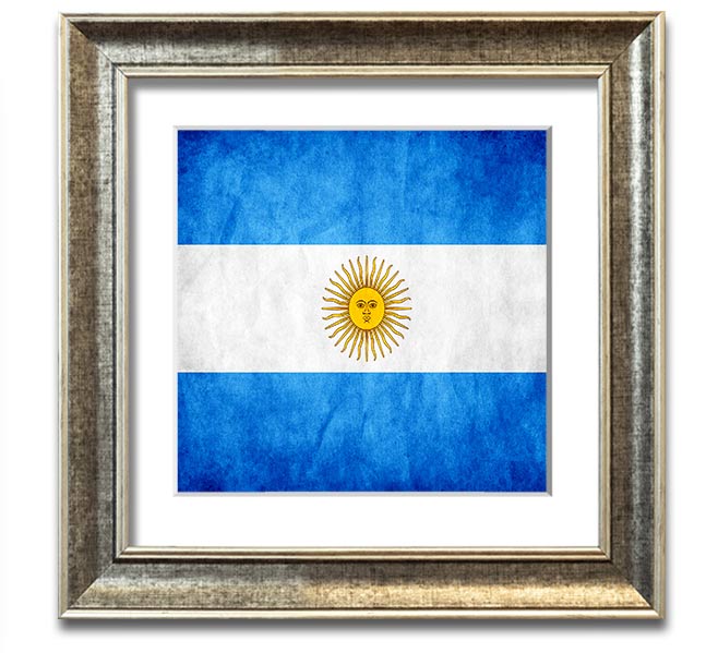 Square framed print of the Argentina flag, featuring blue and white colors with a sun emblem, ready to hang.