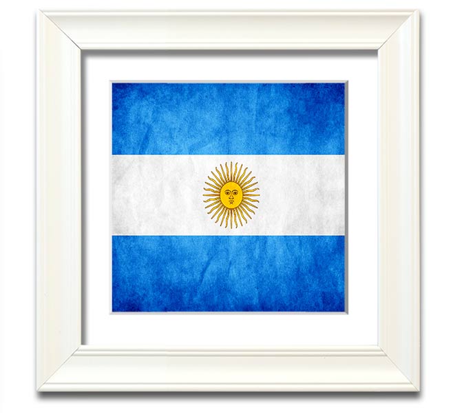 Square framed print of the Argentina flag, featuring blue and white colors with a sun emblem, ready to hang.