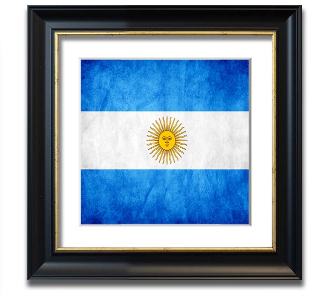 Square framed print of the Argentina flag, featuring blue and white colors with a sun emblem, ready to hang.